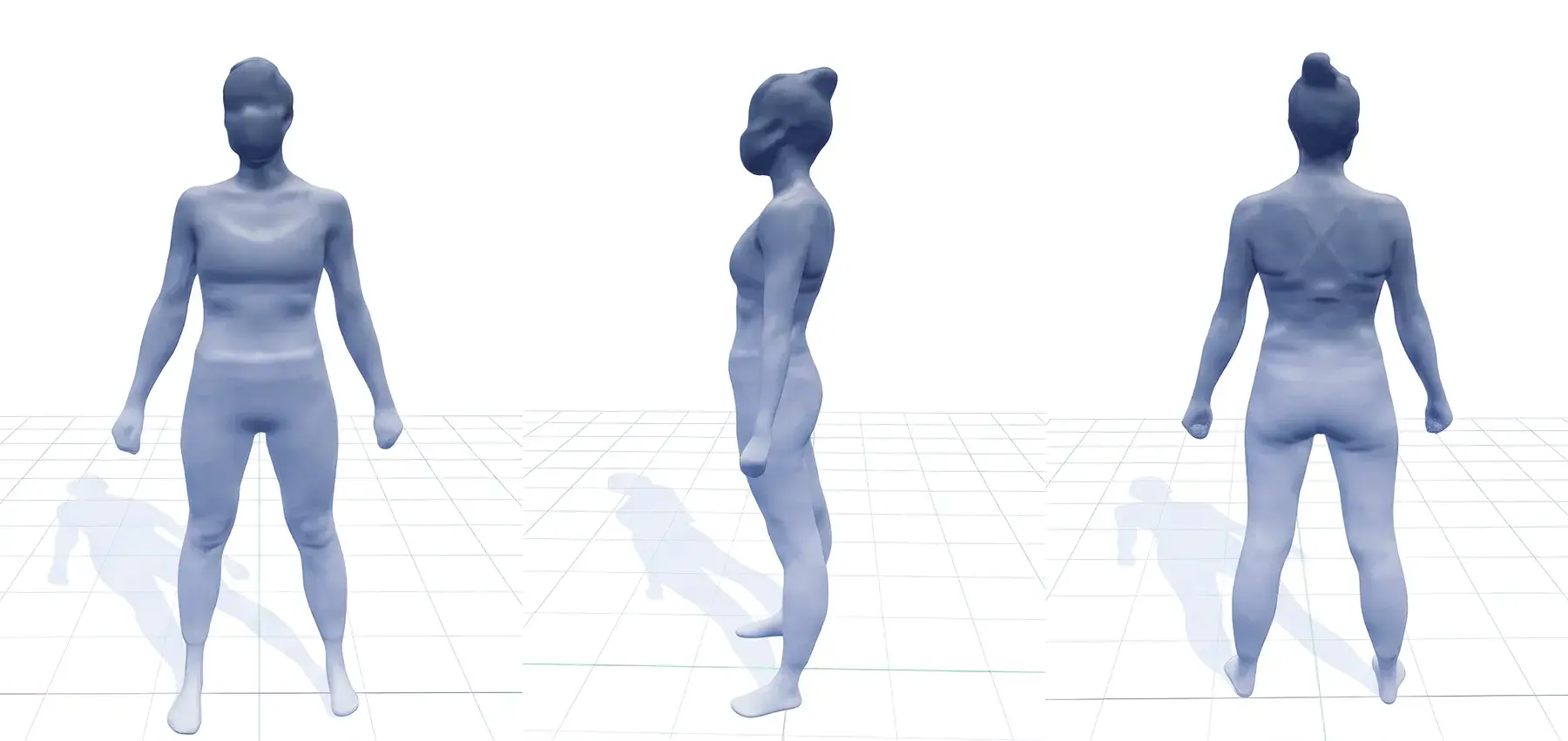 3Dボディスキャンの全身モデル（アフター）: 正面・側面・背面
