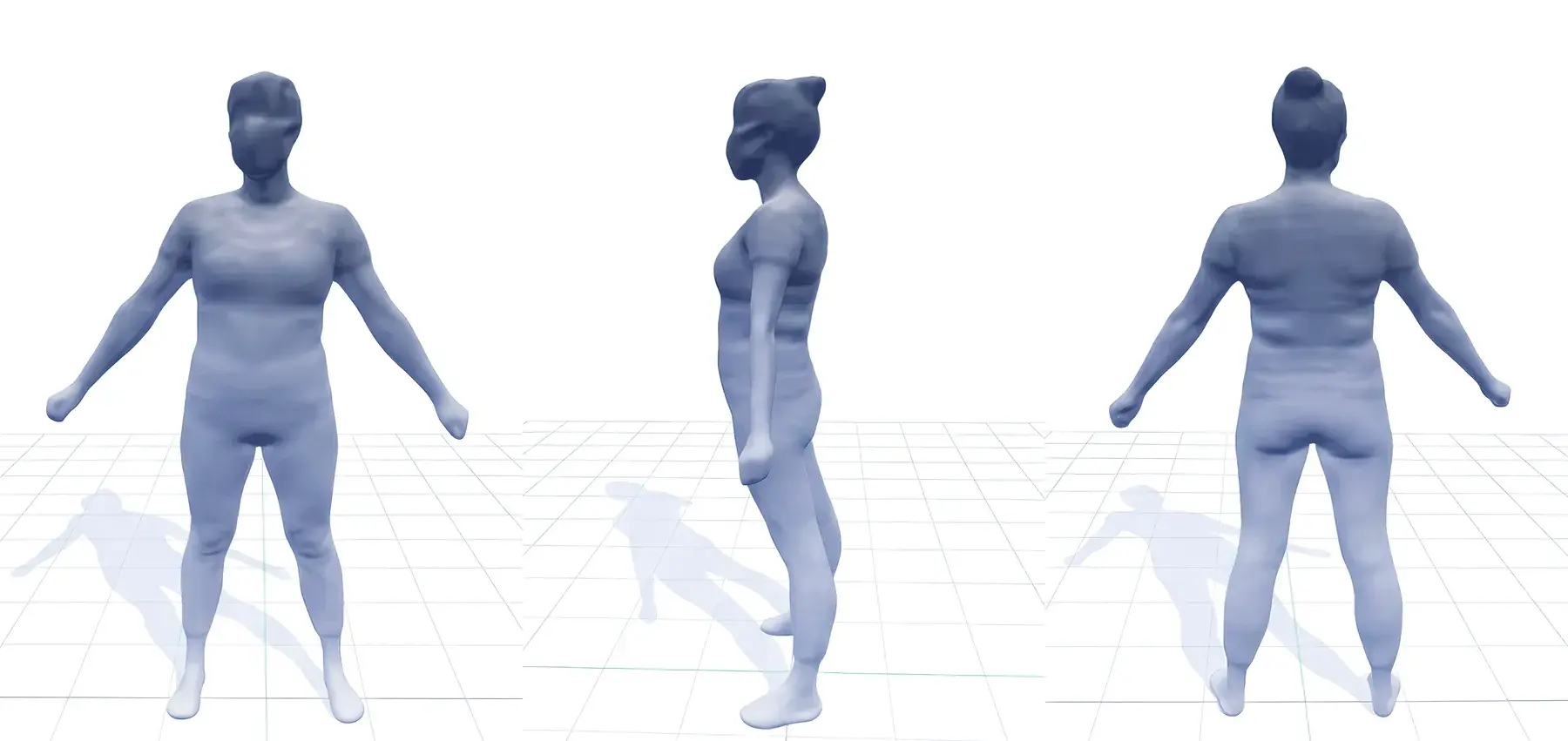 3Dボディスキャンの全身モデル（ビフォー）: 正面・側面・背面